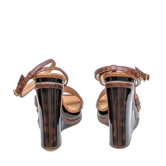 Salvatore Ferragamo Croc-Embossed Wedge Sandals – Tortoiseshell Lucite Platform - Picture 9 of 11